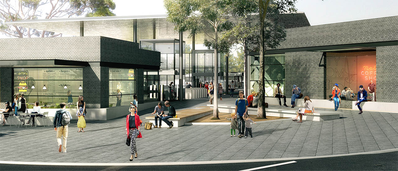 An artist's impression of the St Albans Station precinct. It shows new buildings with people sitting or walking around the centre area.