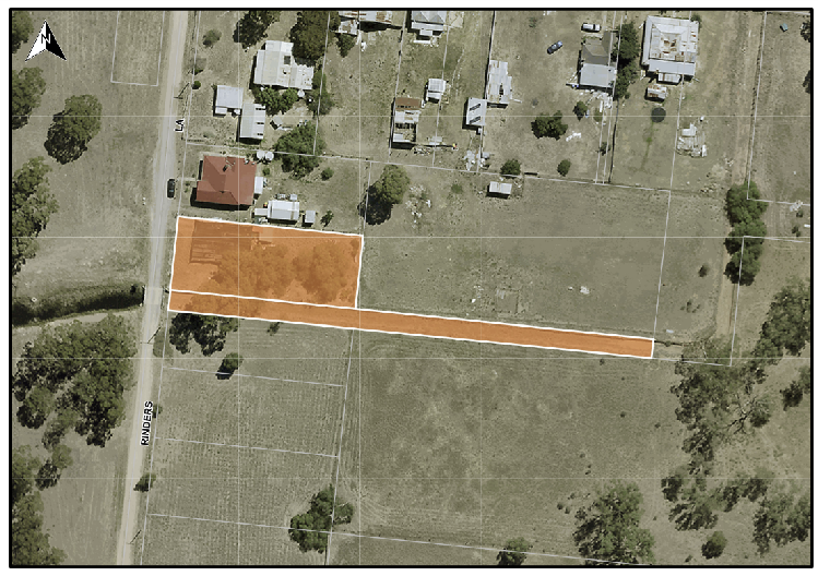 Aerial map showing land for sale at Rinders Lane Korong Vale. The map shows land in green with an orange border around the land for sale.