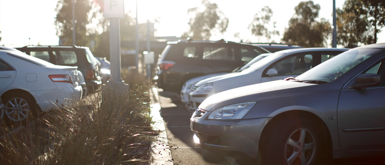 Two rows of cars parked in a commuter car park at a railway station car park.  They are separated by a garden be.