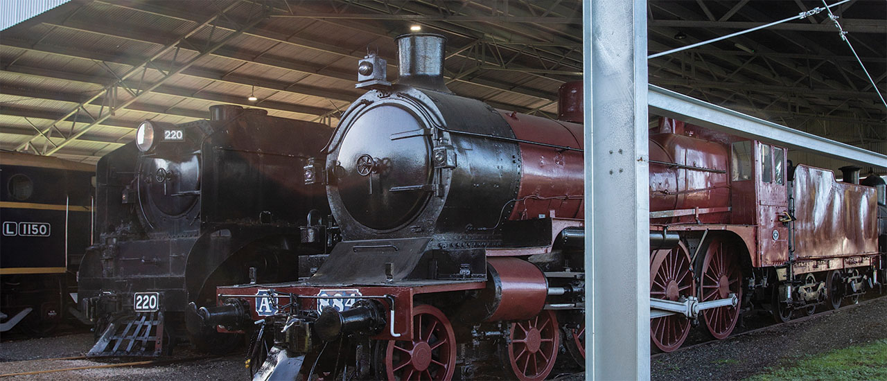 Two heritage steam locomotives stand side by side at an outdoor railway museum. One locomotive is black and the other is red. They are protected from weather by a roof. 