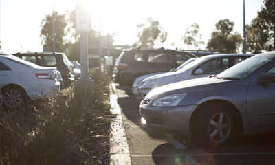 Two rows of cars parked in a commuter car park at a railway station car park.  They are separated by a garden be.