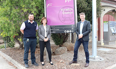 Minister for Public Transport Ben Carroll and Mary-Anne Thomas MP stand outside Kyneton Station.