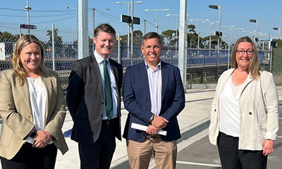 Minister for Public Transport Ben Carroll and Member for Lara Ella George stand at North Shore Station with Chris Olds and Karen Shaw.
